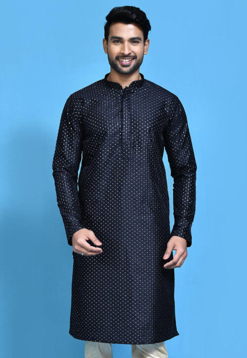 Embroidered Art Silk Kurta in Navy Blue