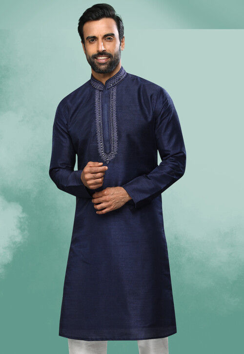 Embroidered Art Silk Kurta in Navy Blue