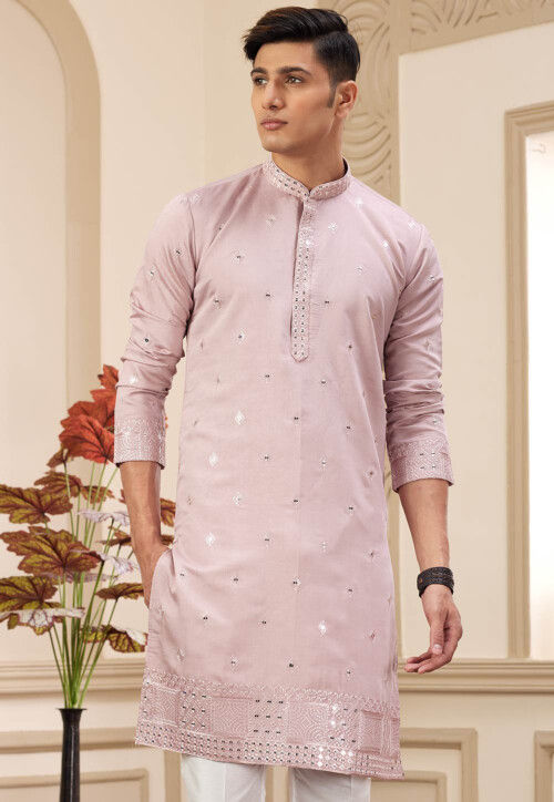 Embroidered Art Silk Kurta in Peach