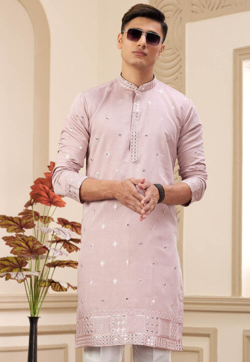 Embroidered Art Silk Kurta in Peach