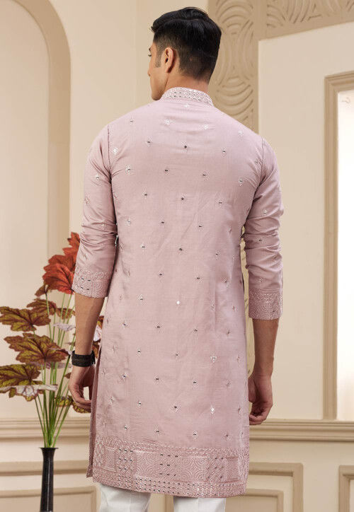 Embroidered Art Silk Kurta in Peach