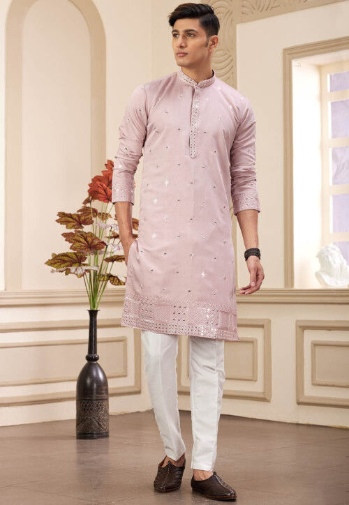Embroidered Art Silk Kurta in Peach