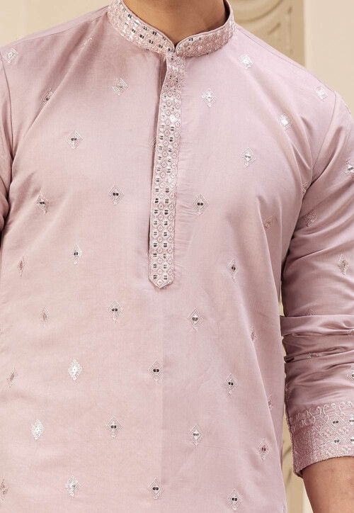 Embroidered Art Silk Kurta in Peach