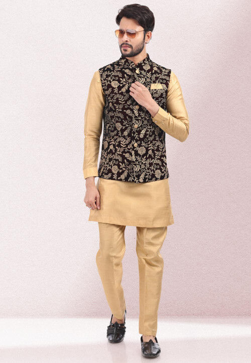 Embroidered Art Silk Kurta Jacket Set in Beige