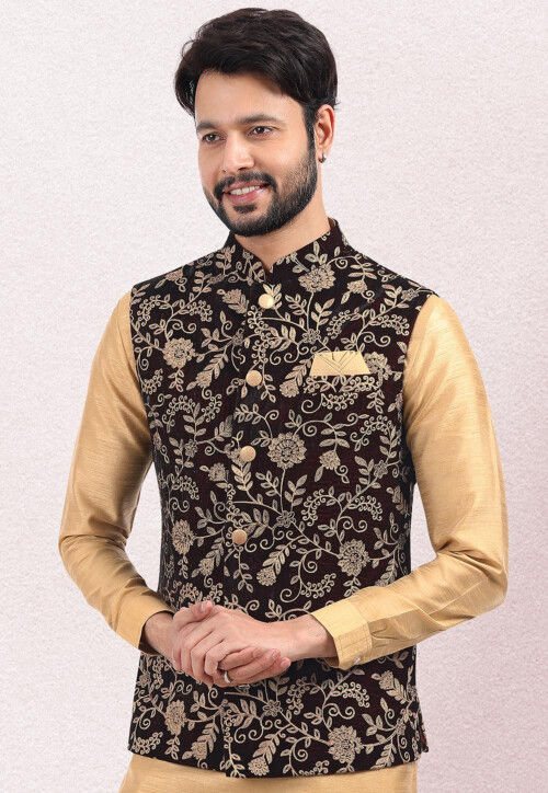 Embroidered Art Silk Kurta Jacket Set in Beige