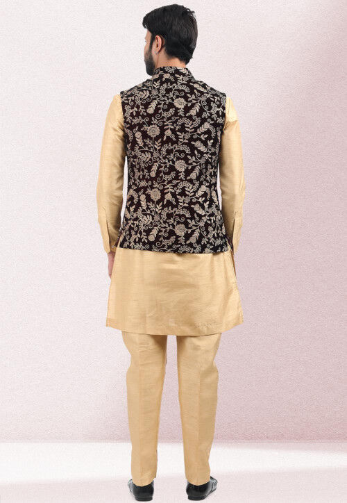 Embroidered Art Silk Kurta Jacket Set in Beige