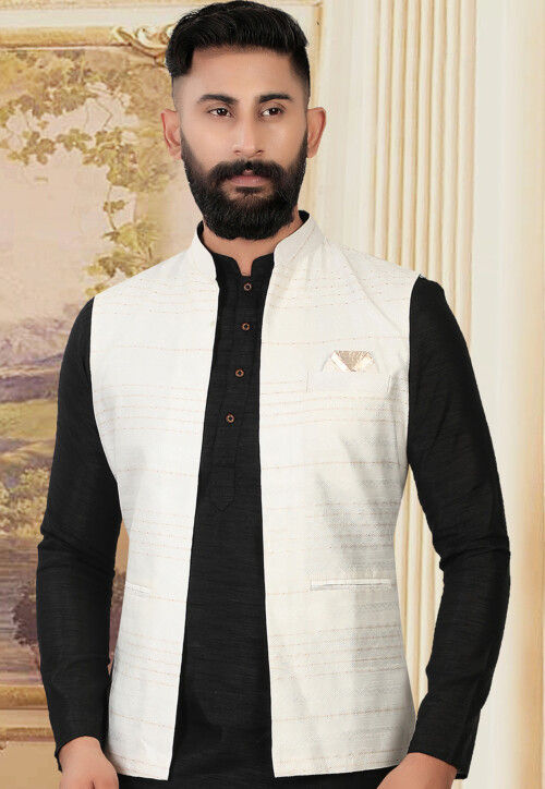 Embroidered Art Silk Kurta Jacket Set in Black and Off White