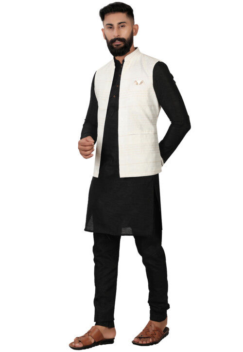 Embroidered Art Silk Kurta Jacket Set in Black and Off White