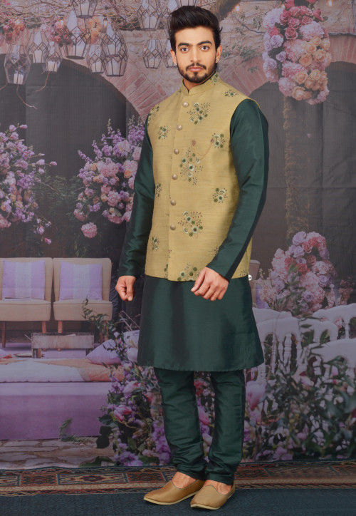 Embroidered Art Silk Kurta Jacket Set in Dark Green and Beige