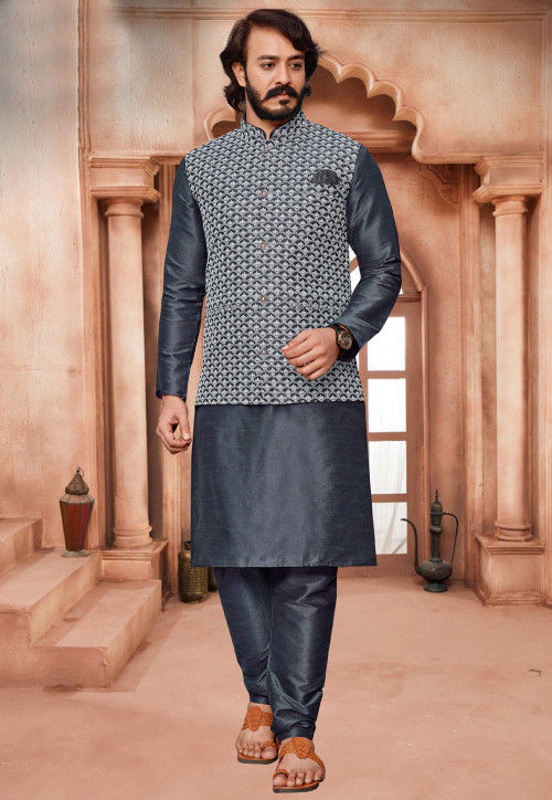 Buy SOJANYA Men's Silk Blend Light Grey Embroidered Kurta & Self Design  Nehru Jacket with White Churidar Set:Size-3XL at Amazon.in
