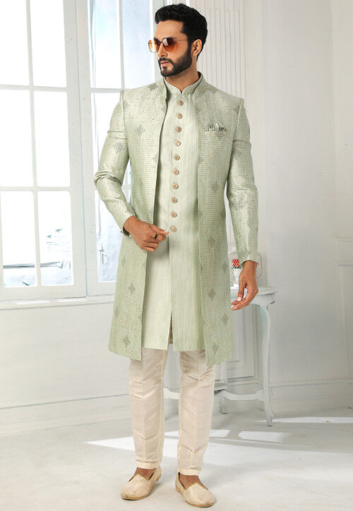 Embroidered Art Silk Kurta Jacket Set in Light Green