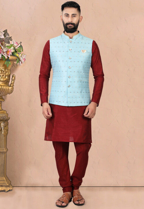 Embroidered Art Silk Kurta Jacket Set in Maroon and Sky Blue