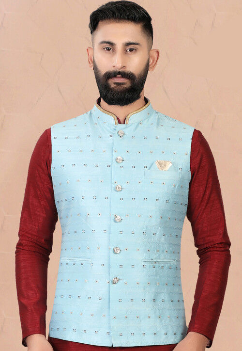 Embroidered Art Silk Kurta Jacket Set in Maroon and Sky Blue