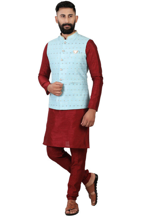Embroidered Art Silk Kurta Jacket Set in Maroon and Sky Blue