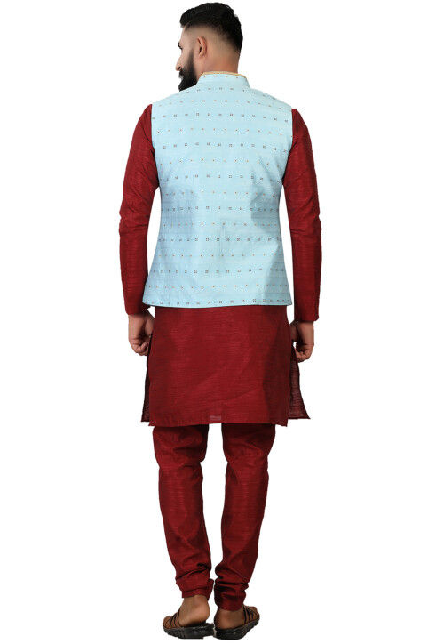 Embroidered Art Silk Kurta Jacket Set in Maroon and Sky Blue