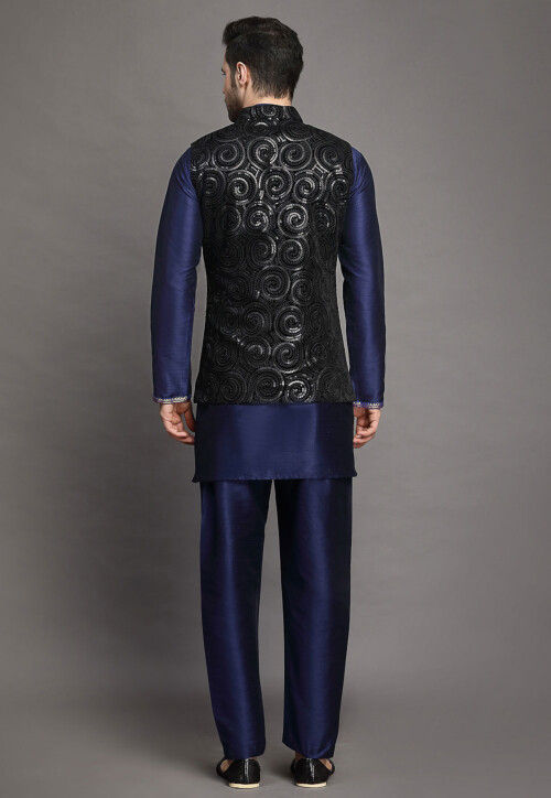 Embroidered Art Silk Kurta Jacket Set in Navy Blue and Black