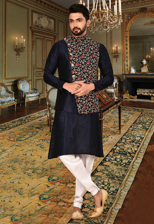 Buy Embroidered Art Silk Kurta Jacket Set in Navy Blue and Navy Blue ...
