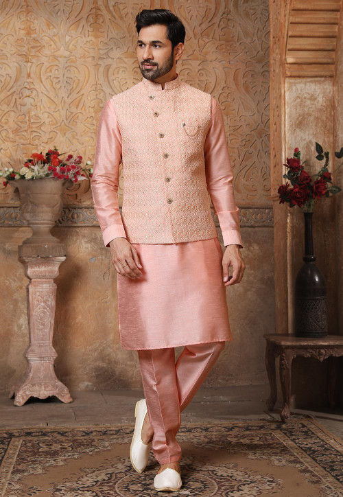 Embroidered Art Silk Kurta Jacket Set in Peach