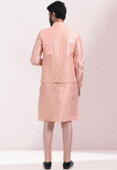Peach Silk Kurta Jacket Set For Men With Heavy Embroidery