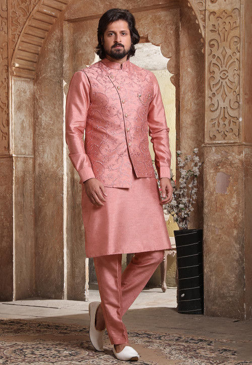 Buy Pink Kurta And Jacket Bam Silk Embroidered Bundi & Set For Men by  Smriti by Anju Agarwal Online at Aza Fashions.