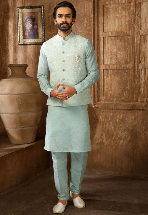 Sky Blue Nehru Jacket Jute With Solid Color And Blue PLain Kurta Set Online  at Rs 1399/set | Nehru Jacket in Surat | ID: 23828421548
