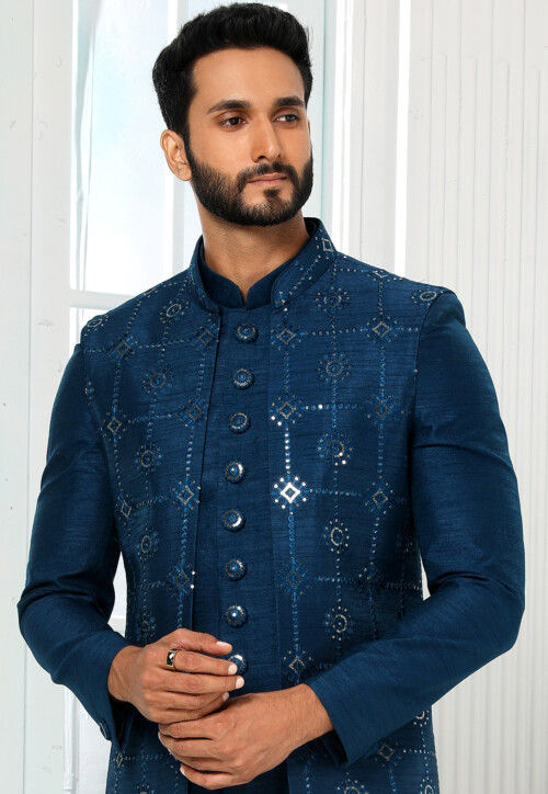 Teal Blue Silk Printed Kurta Set For Men With Thread Work