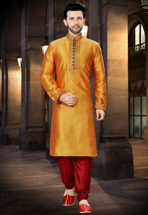 Buy Embroidered Art Silk Kurta Pajama in Mustard Online MSE846