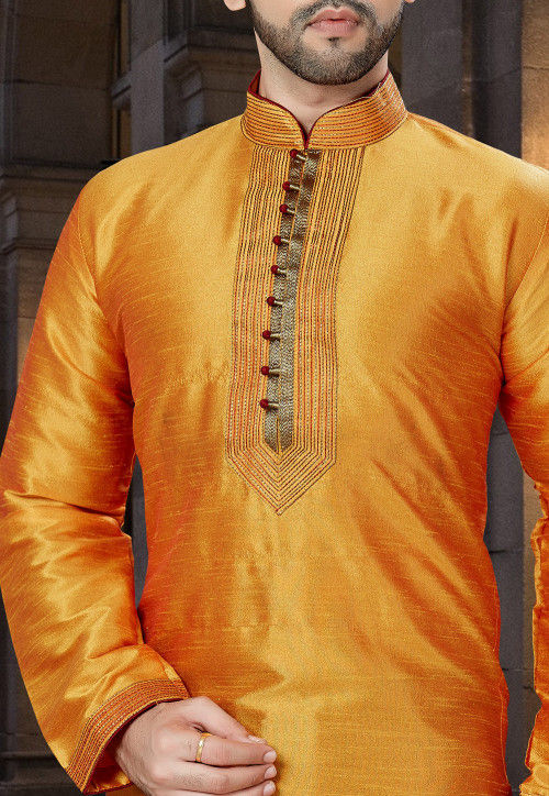 Buy Embroidered Art Silk Kurta Pajama in Mustard Online MSE846