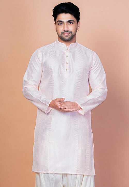 Embroidered Art Silk Kurta in Baby Pink