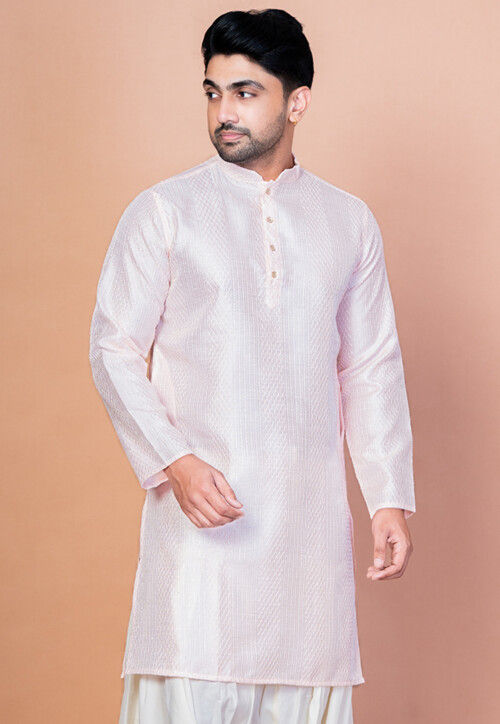 Embroidered Art Silk Kurta in Baby Pink
