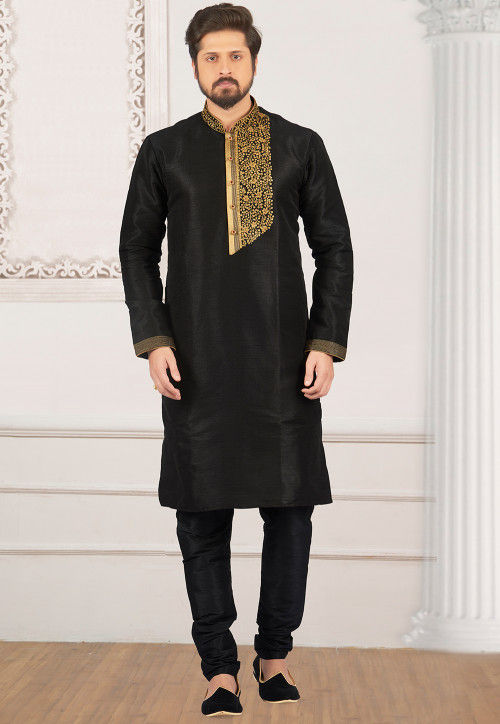 Embroidered Art Silk Kurta Set in Black