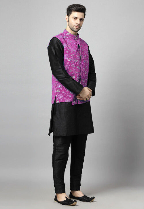 Embroidered Art Silk Kurta Set in Black and Magenta