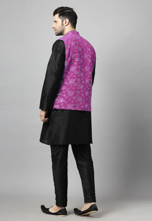 Embroidered Art Silk Kurta Set in Black and Magenta