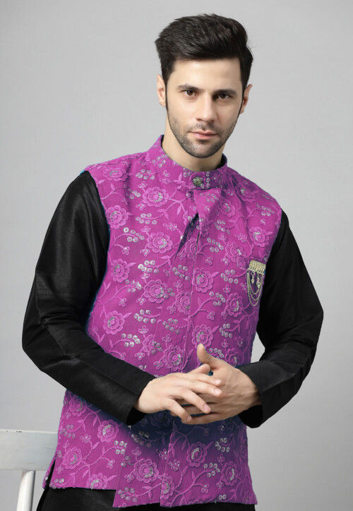 Embroidered Art Silk Kurta Set in Black and Magenta