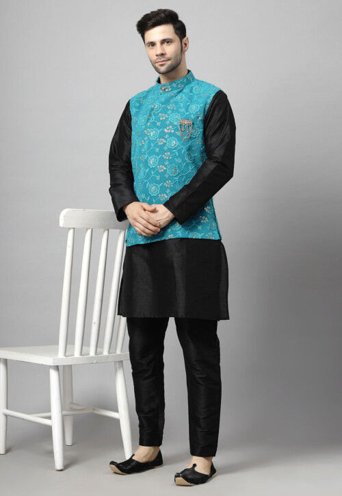 Embroidered Art Silk Kurta Set in Black and Sky Blue