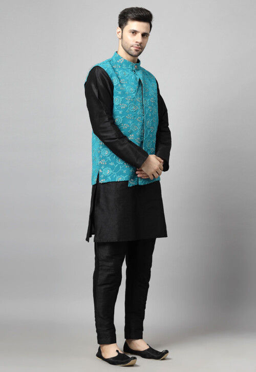 Embroidered Art Silk Kurta Set in Black and Sky Blue
