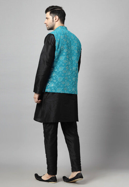 Embroidered Art Silk Kurta Set in Black and Sky Blue