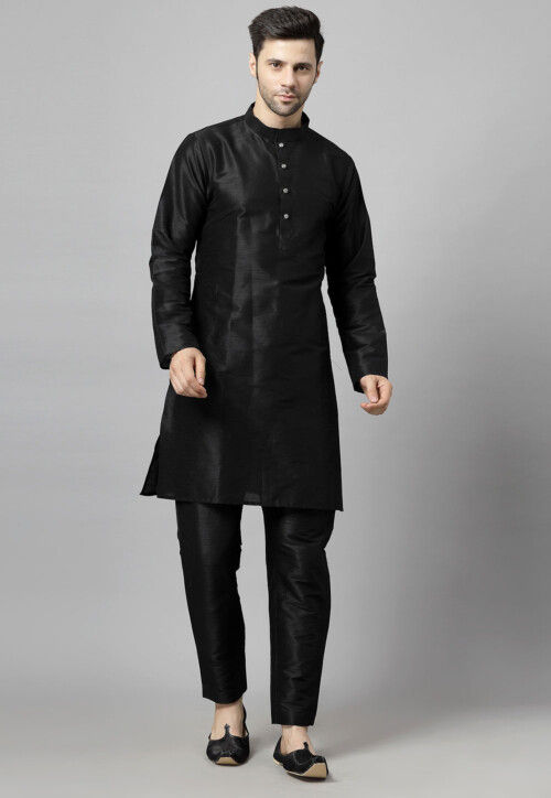 Embroidered Art Silk Kurta Set in Black and Sky Blue