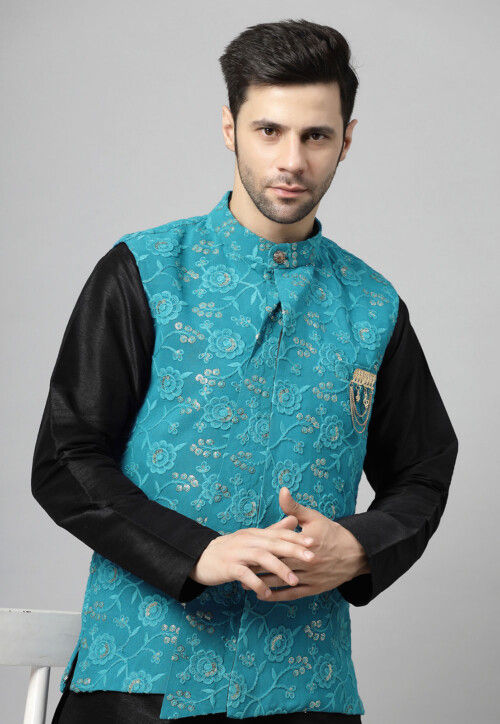 Embroidered Art Silk Kurta Set in Black and Sky Blue