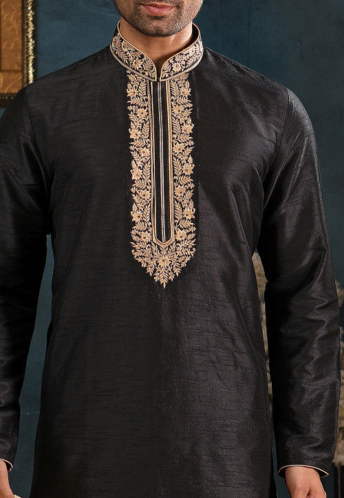 Buy Embroidered Art Silk Kurta Set in Black Online : MGV919 - Utsav Fashion