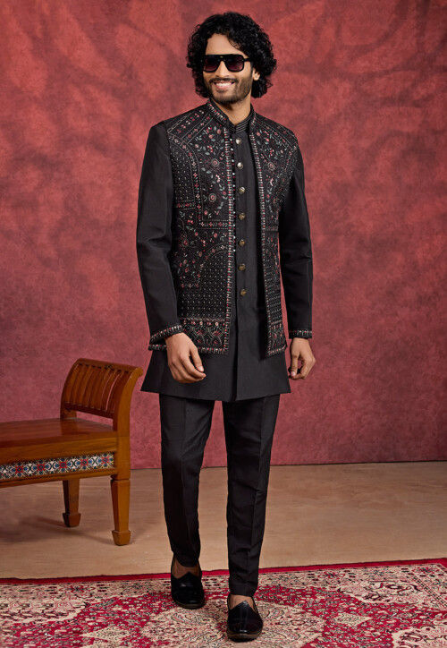Embroidered Art Silk Kurta Set in Black