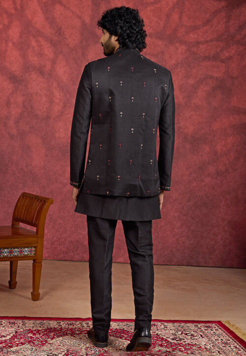 Embroidered Art Silk Kurta Set in Black