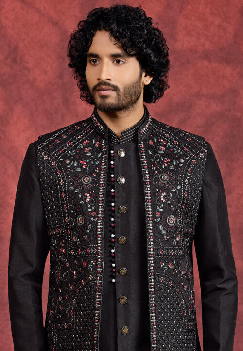 Embroidered Art Silk Kurta Set in Black