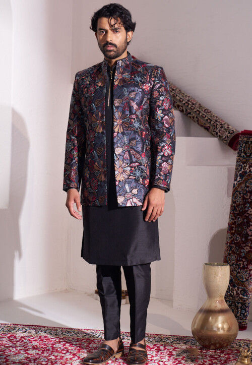 Embroidered Art Silk Kurta Set in Black