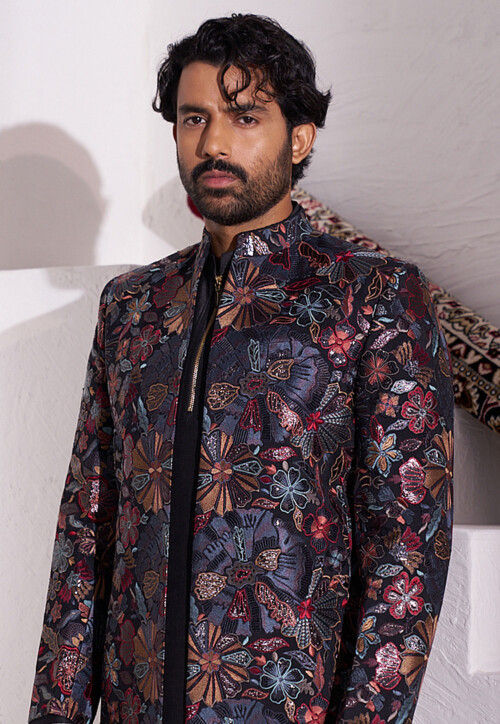 Embroidered Art Silk Kurta Set in Black