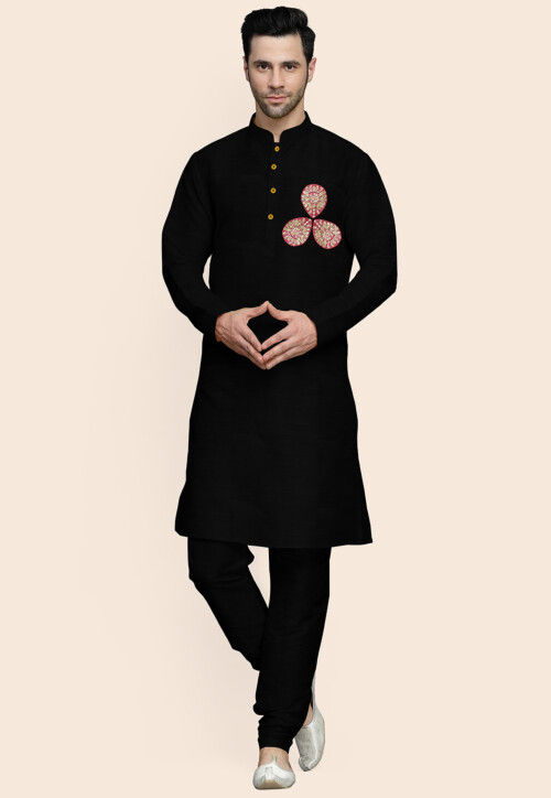 Embroidered Art Silk Kurta Set in Black