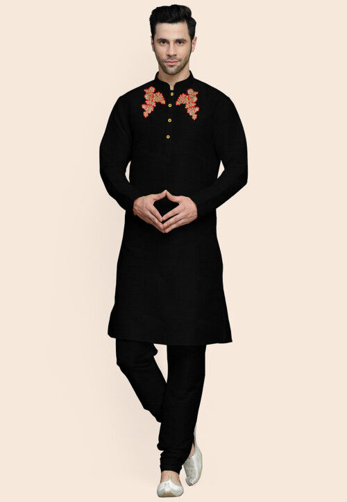 Embroidered Art Silk Kurta Set in Black