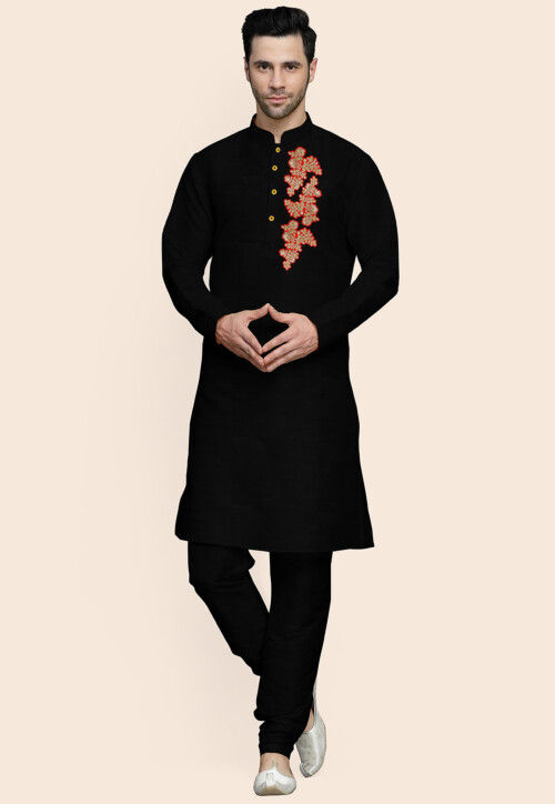 Embroidered Art Silk Kurta Set in Black