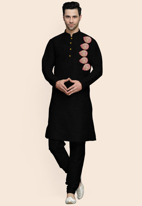 Embroidered Art Silk Kurta Set in Black