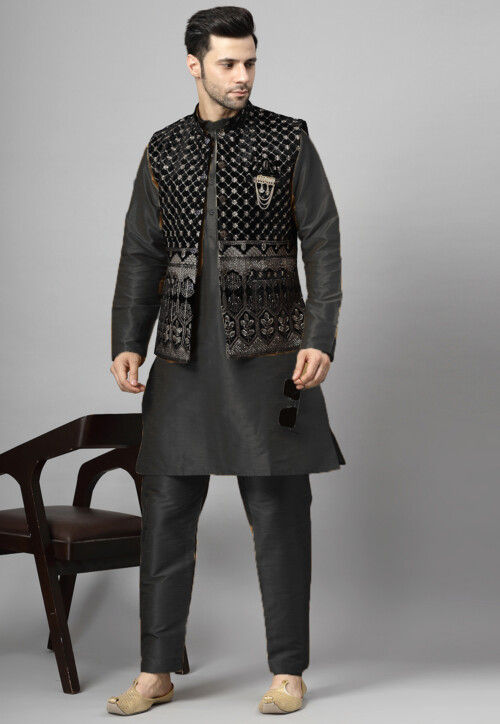 Embroidered Art Silk Kurta Set in Black